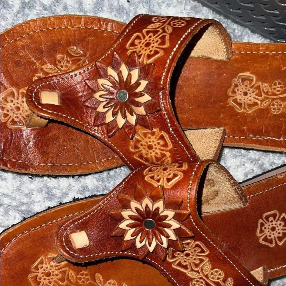 MEXICANA Brown Floral Original Leather Sandals Size 8 - Picture 2 of 7